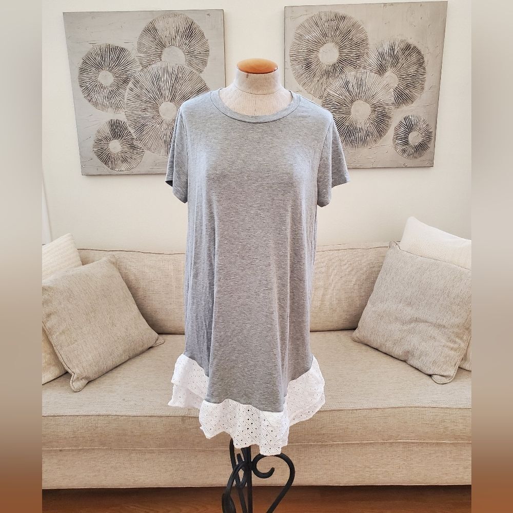 🌹 CHELSEA28 🌹 Eyelet Trim Short Sleeve Shift Dress - [Medium, Grey]